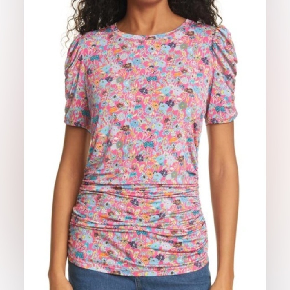 TANYA TAYLOR Women Tunic Top Chaia Pink Floral Rutched Short Sleeve size small